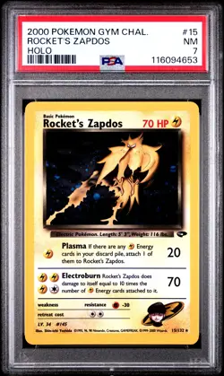 Rocket'S Zapdos Holo Pokemon Gym Challenge 15 NM PSA NM 7 Swirl-4653 - Image 1