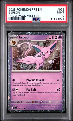 Espeon PSA 9 033/131 Prismatic Evolutions (Cosmos Holo) Mini Tin Pokemon Card - Image 1