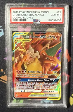 2019 POKEMON SUN & MOON COSMIC ECLIPSE #22 CHARIZARD & BRAIXEN GX PSA 10 - Image 1