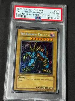 Yugioh PSA 10 Tri-Horned Dragon LOB-000 1st Edition Secret Rare WAVY - Image 1