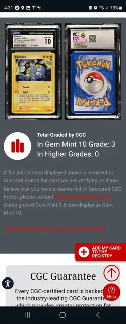 (TOP POP 3) CGC 10 GEM MINT Chinchou 56/101 Reverse Holo Hidden Legends Pokemon - Image 4