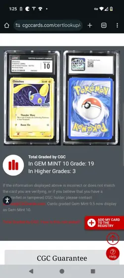 (POP 12) CGC 10 GEM MINT Chinchou Pokemon EX Unseen Force Stamp Holo 52/115 - Image 4