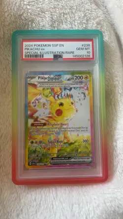 Pokemon Pikachu ex Sv08: Surging Sparks SIR PSA 10/ matching Iris graded guard - Image 1