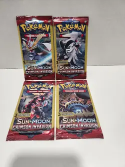 Pokemon Sun & Moon Crimson Invasion 3-Card Booster Packs Complete Art Set 4-pack - Image 1