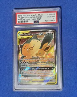 2019 Pokemon Black Star Promo Eevee & Snorlax GX Fa TAG Team Tins #SM169 PSA 10 - Image 1