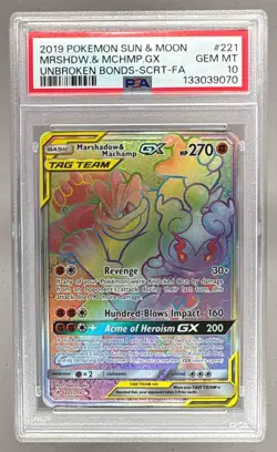 2019 Pokemon Sun & Moon Unbroken Bonds 221 Marshadow Machamp GX PSA 10 133039070 - Image 1