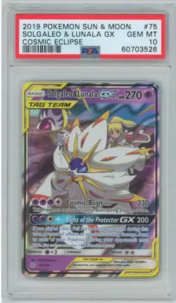 2019 POKEMON SUN & MOON COSMIC ECLIPSE #75 SOLGALEO & LUNALA GX PSA 10 - Image 1
