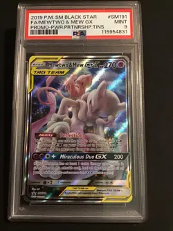 2019 POKEMON PARTNERSHIP TAG TEAM TINS MEWTWO & MEW GX #SM191 FULL ART PSA 9🔥💥 - Image 1