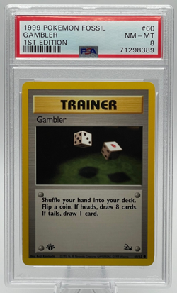 1999 POKEMON FOSSIL #60 GAMBLER 1ST EDITION PSA 8 NM-MT - Image 1