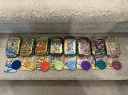 Prismatic Evolutions Empty Mini Tin Complete Set Of 8 Tin + Card + Coin NO PACKS - Image 1