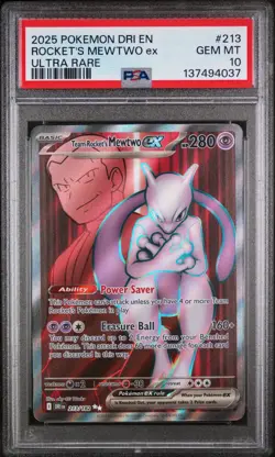 2025 POKEMON DRI DESTINED RIVALS 213 TEAM ROCKET'S MEWTWO EX ULTRA RARE - PSA 10 - Image 1