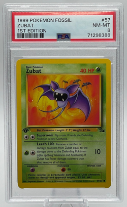 1999 POKEMON FOSSIL #57 ZUBAT 1ST EDITION PSA 8 NM-MT - Image 1