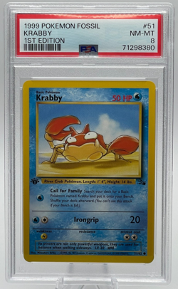 1999 POKEMON FOSSIL #51 KRABBY 1ST EDITION PSA 8 NM-MT - Image 1