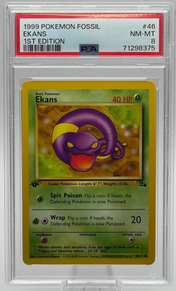 1999 POKEMON FOSSIL #46 EKANS 1ST EDITION PSA 8 NM-MT - Image 1