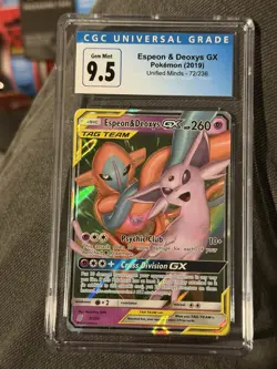 Pokemon TCG Espeon & Deoxys GX 72/236 Unified Minds Ultra Rare Holo CGC 9.5 2019 - Image 1