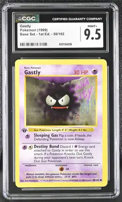 CGC 9.5 MINT+ Gastly 1999 Base Set Shadowless 1st Edition 50/102 Pokemon Card - Image 1