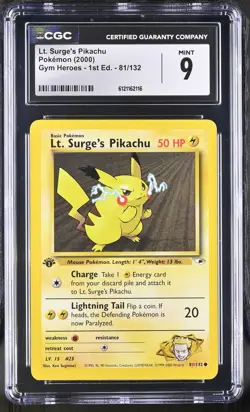 CGC 9 MINT Lt. Surge's Pikachu Gym Heroes 1st Edition 81/132 Pokemon Card - Image 1