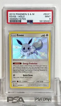 NEW 2019 POKEMON SUN & MOON HIDDEN FATES SV41 EEVEE HOLO RARE BABY SHINY - PSA 9 - Image 1