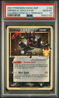 Pokemon Greninja Gold Star Celebrations ETB Black Star Holo Promo SWSH144 PSA 10 - Image 1