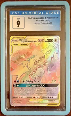 2019 Pokemon Sun Moon Moltres Zapdos Articuno GX Rainbow Hidden Fates CGC 9 Mint - Image 1