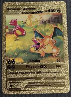 Pokemon Charmander Charmeleon Charizard GX Evolution Gold Foil Fan Art Textured - Image 1