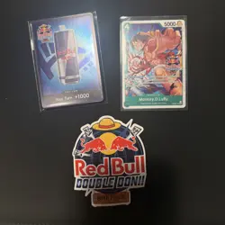 Red Bull Double DON event DON!! and Monkey.D.Luffy stamped Promo w/ Sticker - Image 1