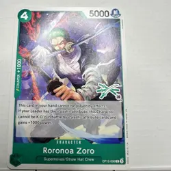 Roronoa Zoro OP12-036 C, GREEN 3 SWORD LOGO 36, one piece card, NIJIMAARC tag SP - Image 1