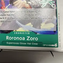 Roronoa Zoro OP12-036 C, GREEN 3 SWORD LOGO 36, one piece card, NIJIMAARC tag SP - Image 4