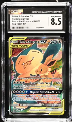 CGC 8.5 Eevee & Snorlax GX SM169 Tag Team Black Star Promo Pokemon Card - Image 1