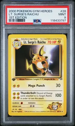 2000 Pokemon Gym Heroes 1st Edition Lt. Surge's Raichu #28 PSA 9 - Image 1