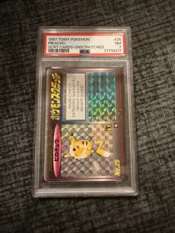 1997 Pokemon Tomy Scratch Cards #25 PIKACHU Prism Holo Unscratched PSA 7 Cert777 - Image 1