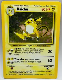 Pokemon Raichu Base Set Holo Rare 14/102 80 HP Wizards of the Coast - Image 1