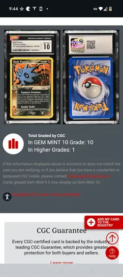 (POP 10) CGC 10 GEM MINT Pokemon Dark Pupitar 40/109 Team Rocket Returns EX - Image 4