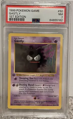 1999 Base Set Pokemon TCG Gastly 1st Edition Shadowless Card 50/102 PSA 7 - Image 1