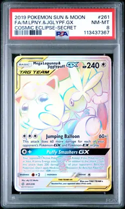 2019 POKEMON SUN & MOON COSMIC ECLIPSE #165 MEGA LOPUNNY & JIGGLYPUFF GX NM-MT 8 - Image 1