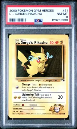 2000 Pokemon Gym Heroes LT. Surge’s Pikachu #81 PSA 8 - Image 1