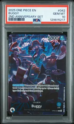 2025 ONE PIECE OP09 042 BUGGY ENGLISH 2ND ANNIVERSARY SET LEADER PROMO PSA 10 - Image 1
