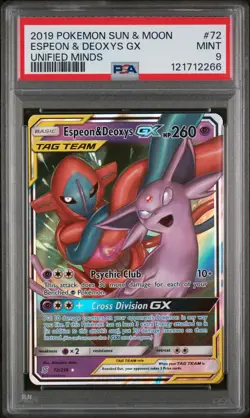 2019 POKEMON SUN & MOON UNIFIED MINDS #72 ESPEON & DEOXYS GX PSA 9 - Image 1