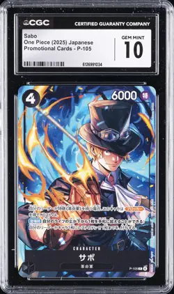 2025 ONE PIECE PROMO CARDS JPN #P-105 SABO CGC 10 GEM MINT - Image 1