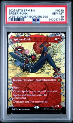 2025 MTG MARVEL'S SPIDER-MAN WEB-SLINGER BORDERLESS #0210 SPIDER-PUNK PSA 10 - Image 1