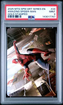 2025 MTG MARVEL'S SPIDER-MAN ART SER GOLD STAMPED #24 AMAZING SPIDER-MAN PSA 9 - Image 1