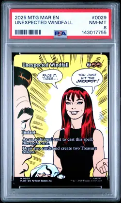 2025 MTG MARVEL'S SPIDER-MAN: SOURCE MATERIAL #0029 UNEXPECTED WINDFALL PSA 8 - Image 1