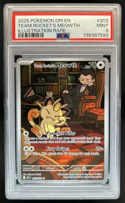 2025 Pokemon Destined Rivals Team Rocket's Meowth #203/182 PSA 9 - Image 1