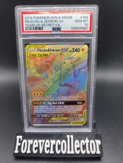 2019 Pokemon Team Up Pikachu and Zekrom GX Rainbow Rare Holo #184 PSA 10 - Image 1
