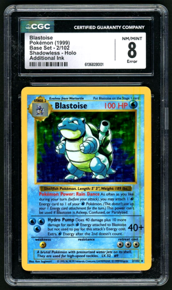 1999 Pokemon Blastoise Base Set 2/102 Shadowless Holo Additional Ink Error CGC 8 - Image 1