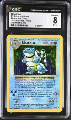 1999 Pokemon Blastoise Base Set 2/102 Shadowless Holo Additional Ink Error CGC 8 - Image 3