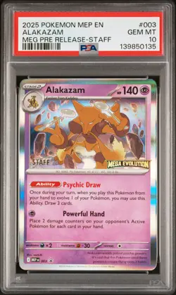 2025 POKEMON MEGA EVOLUTION PRERELEASE-STAFF ALAKAZAM PSA 10 - Image 1