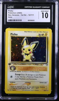 Pokemon 2000 Pichu Holo Neo Genesis - 1st Ed. #12 CGC 10 *SWIRL* - Image 1