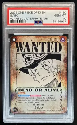2025 One Piece Carrying On His Will Sabo Wanted Alt Art #OP13-120 PSA 10 - Image 1