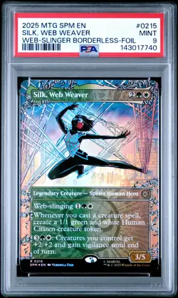 2025 MTG MARVEL'S SPIDER-MAN WEB-SLINGER BORDERLESS-FOIL SILK WEB WEAVER PSA 9 - Image 1